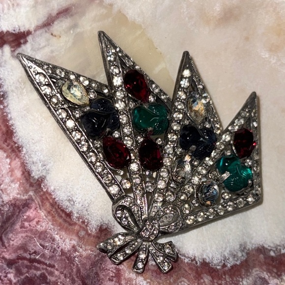 Vintage Silver Brooch with Red and Green Accents - Picture 7 of 8